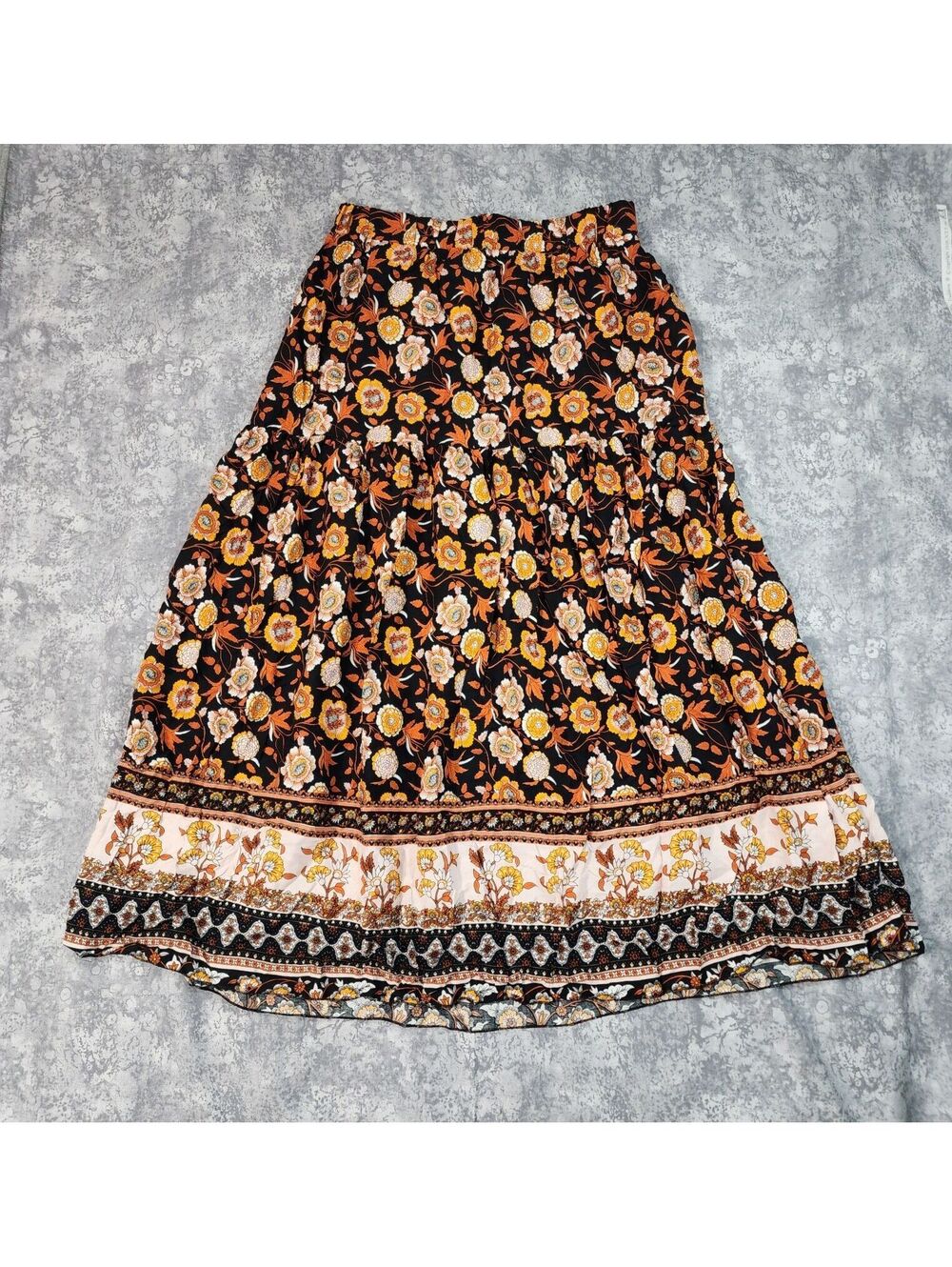 Flowey Fall Earthtone Floral Hippie Boho Chic Peasant Skirt Size Medium